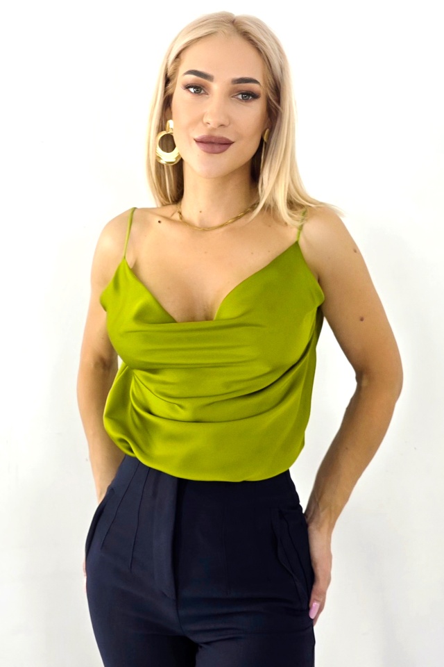 Top din satin Consuelo, cu bretele spaghetti, Verde olive, Marime S/M - 2 | YEO