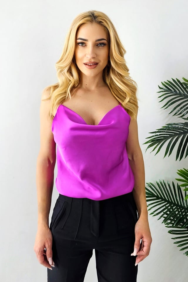 Top din satin Consuelo, cu bretele subtiri si lungime medie, Magenta, Marime S/M