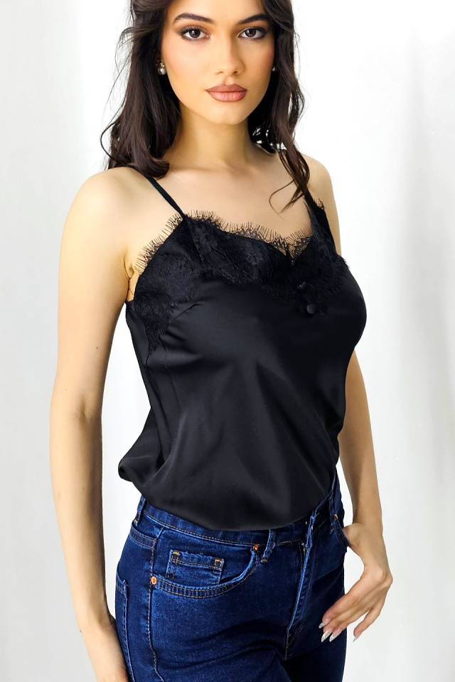 Top din satin Juliana, cu bretele subtiri reglabile si dantela, Negru, Marime S/M - 2 | YEO