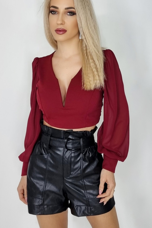 Top scurt Katarina, cu maneci bufante, Bordo, Marime universala S/M - 1 | YEO