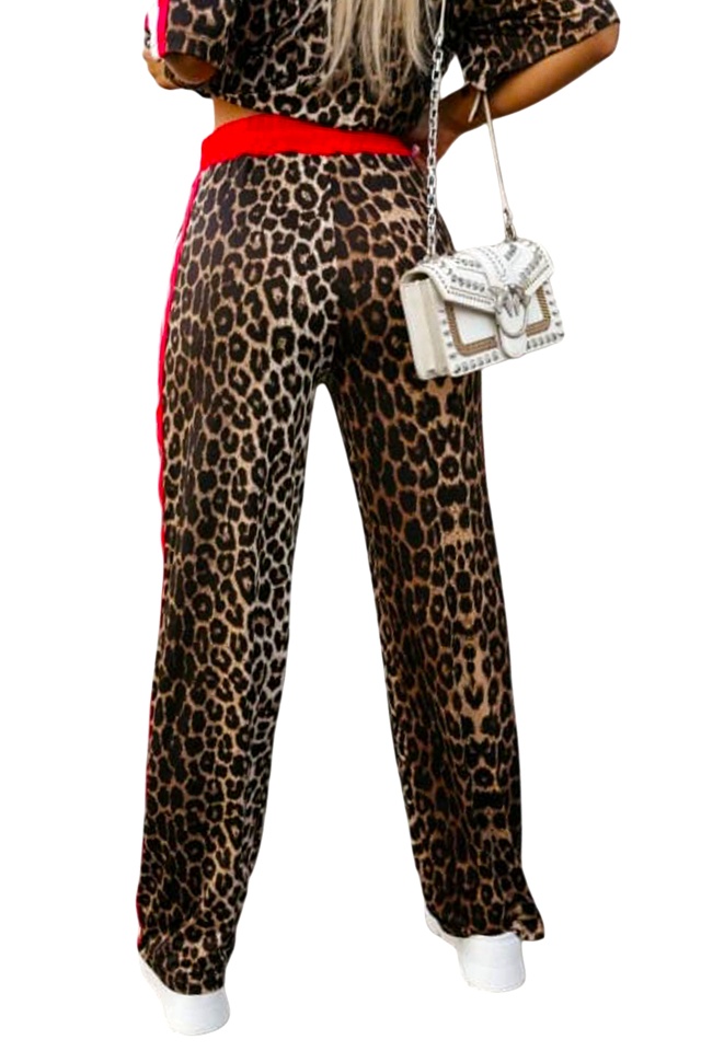Trening catifelat FELINA, animal print, tricou si pantaloni cu snur, Rosu Leopard - 1 | YEO
