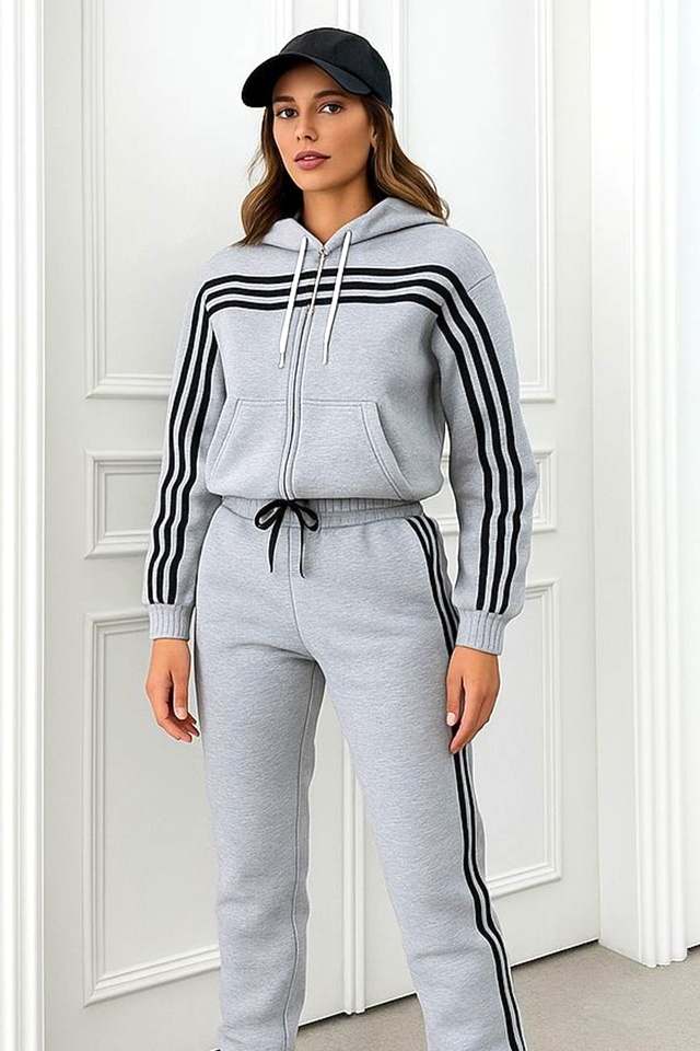 Trening cu gluga VELORA, vatuit, bluza cu fermoar si pantaloni, Gri - 3 | YEO