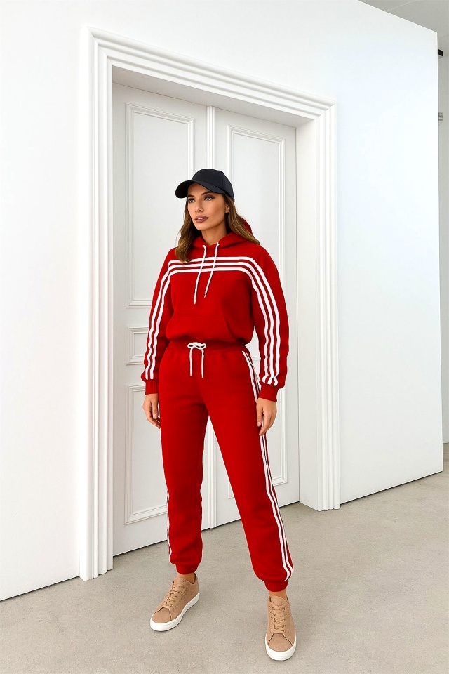 Trening cu gluga VELORA, vatuit, bluza cu fermoar si pantaloni, Rosu