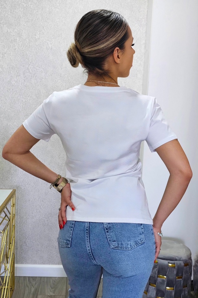 Tricou bumbac AMOO, cu imprimeu si cristale artizanale, Butterfly ALB - 1 | YEO