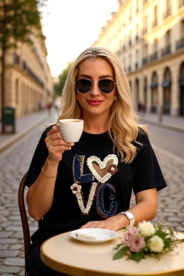 Tricou bumbac NOREA, cu imprimeu in relief, LOVE Negru - 3 | YEO