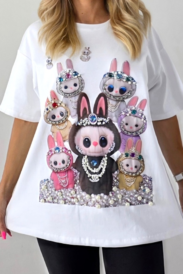 Tricou dama cu print La BuBu, croiala oversize cu perle si cristale, Alb, Marime S/M/L - 2 | YEO