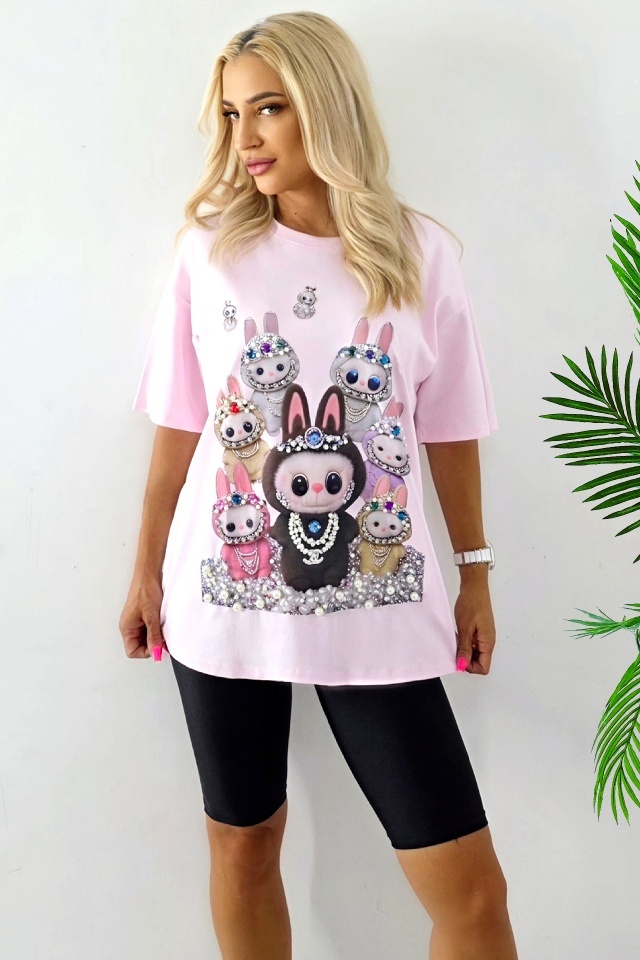 Tricou lung imprimat La BuBu, cu perle si cristale colorate, Roz, Marime S/M/L - 2 | YEO
