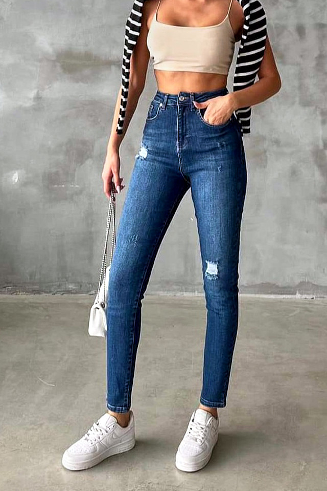 Blugi dama, Katy, croiala elastica boyfriend cu talie inalta, Albastru denim