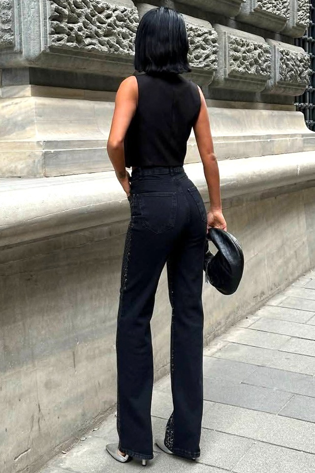 Blugi dama Stone Crystal, croiala wide leg cu elastan si paiete, Negru