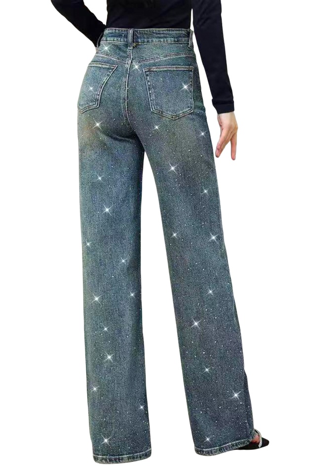 Blugi mom fit baggy ReBBE, cu paiete si croi drept, Gri inchis