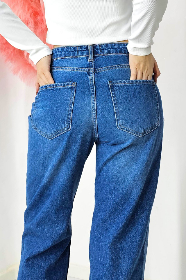 Blugi mom fit baggy ReBELLE, cu talie inalta si croi drept, Albastru denim - 2 | YEO