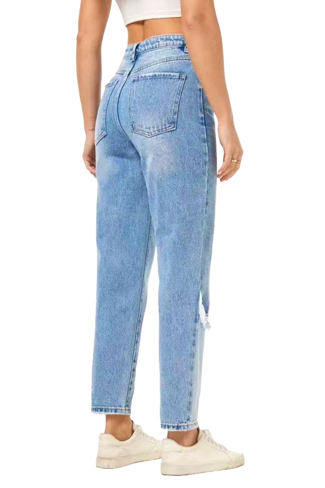 Blugi mom fit bicolor Riverside, aspect prespalat si perforatii petrecute, Albastru deschis