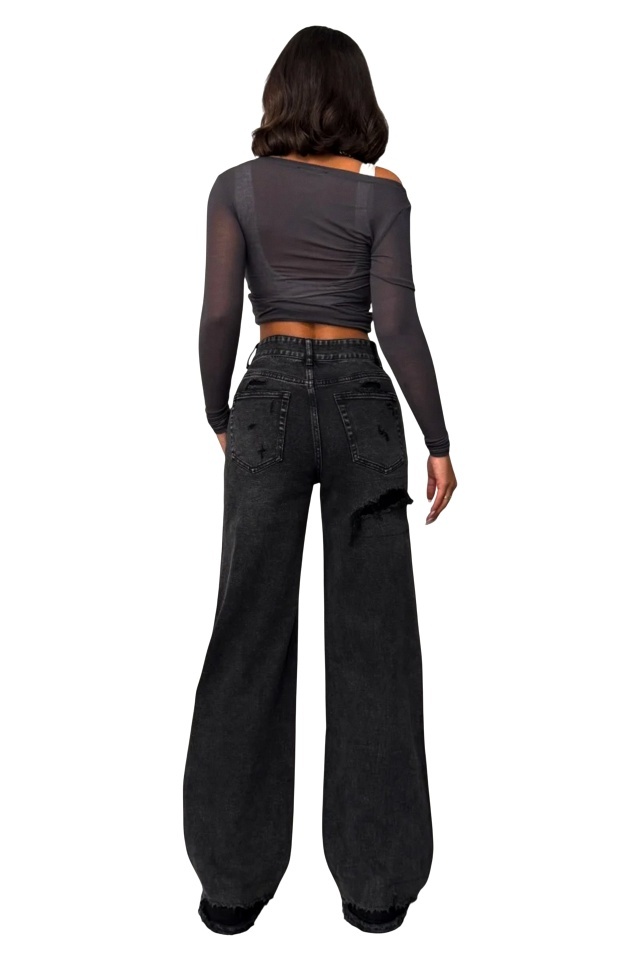 Blugi wide leg cu elastan, MYLANO si perforatii, Negru Antracit