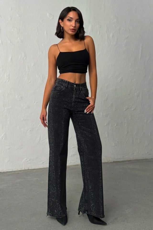 Blugi wide leg cu elastan, MYLANO si strasuri, Negru