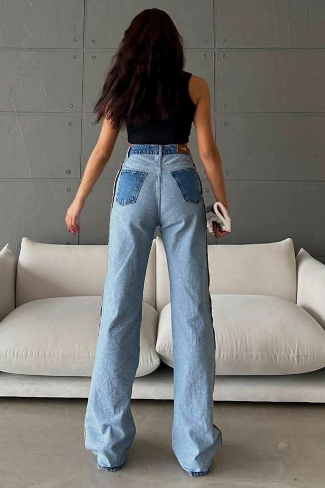 Blugi wide leg in doua nuante Zurich, cu dunga laterala in relief, Albastru deschis - 1 | YEO