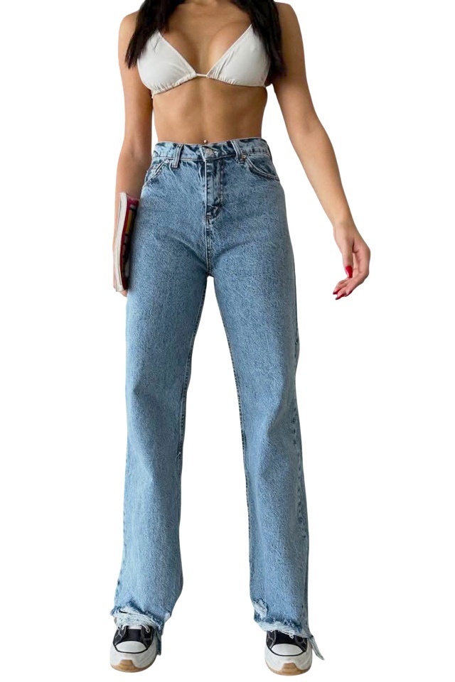 Blugi wide leg Yukatan, cu tiv perforat si aspect prespalat, Albastru Cyan
