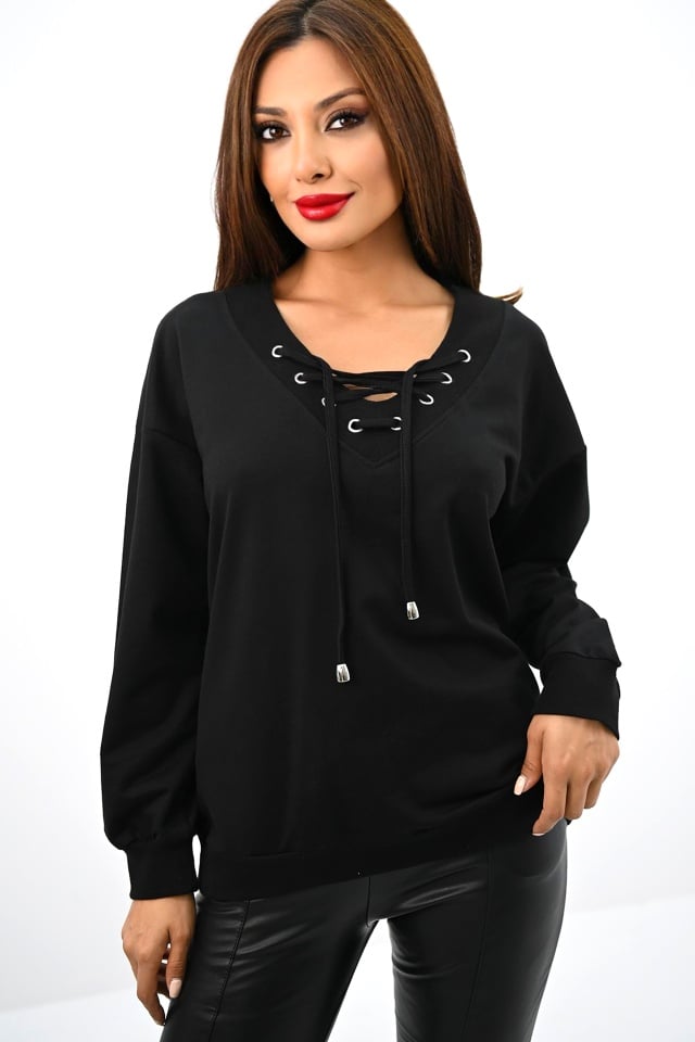 Bluza casual AmaDeeA, cu snur si maneca cu manseta elastica, Negru - 3 | YEO