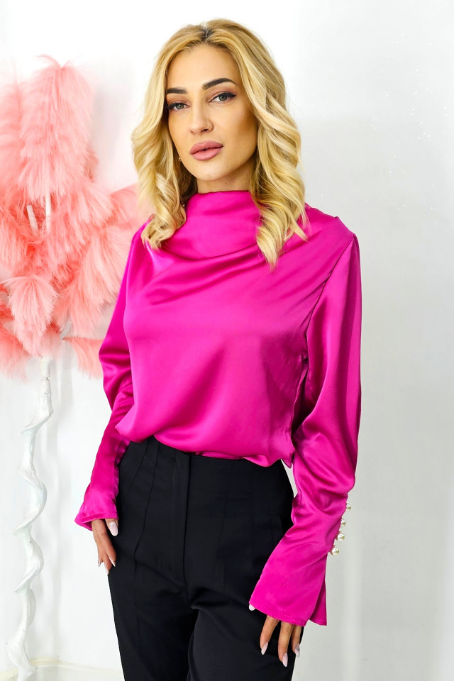 Bluza satinata Tasha, cu maneca lunga evazata si butoni decorativi tip perla, Fucsia, Marime S/M