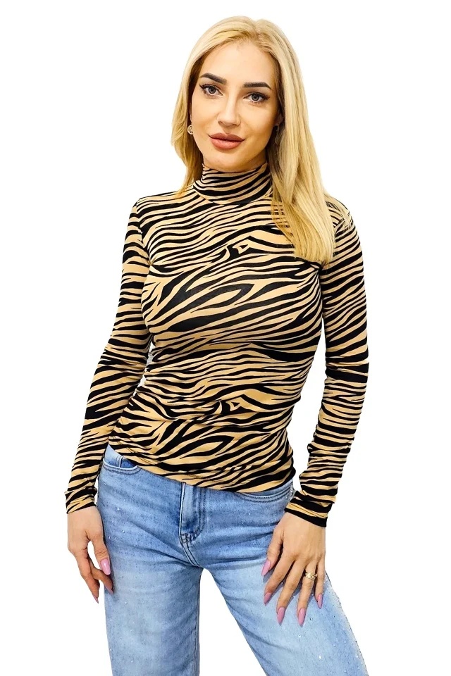 Bluza subtire de dama Lady Liza, cu guler pe gat, Zebra BEJ