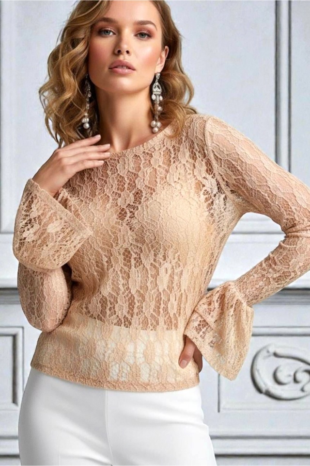 Bluza transparenta din dantela, Velisse, cu mansete evazate, BEJ, Marime S/M