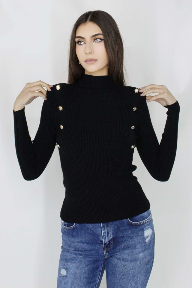 Bluza tricot Lya, cu guler inalt, striatii si aplicatii metalice, Negru, Marime S/M - 1 | YEO