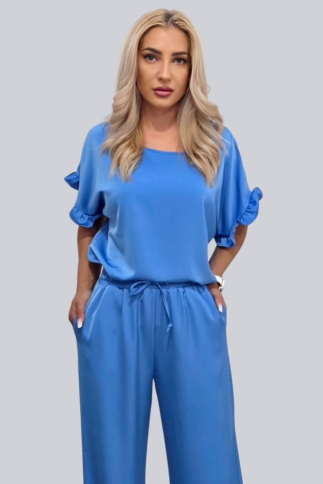 Bluza vaporoasa NORYA, cu maneca scurta si volane, Albastru deschis - 2 | YEO