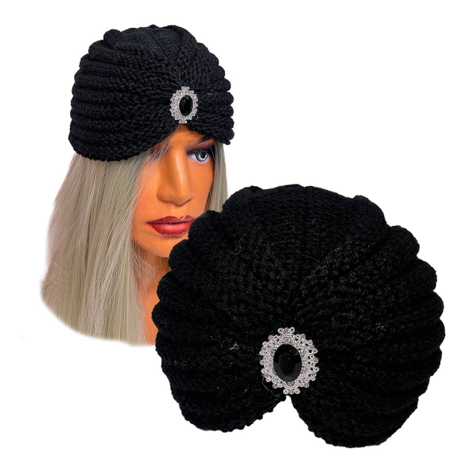 Caciula stil turban NIDEH, cu brosa si textura tricotata, Negru