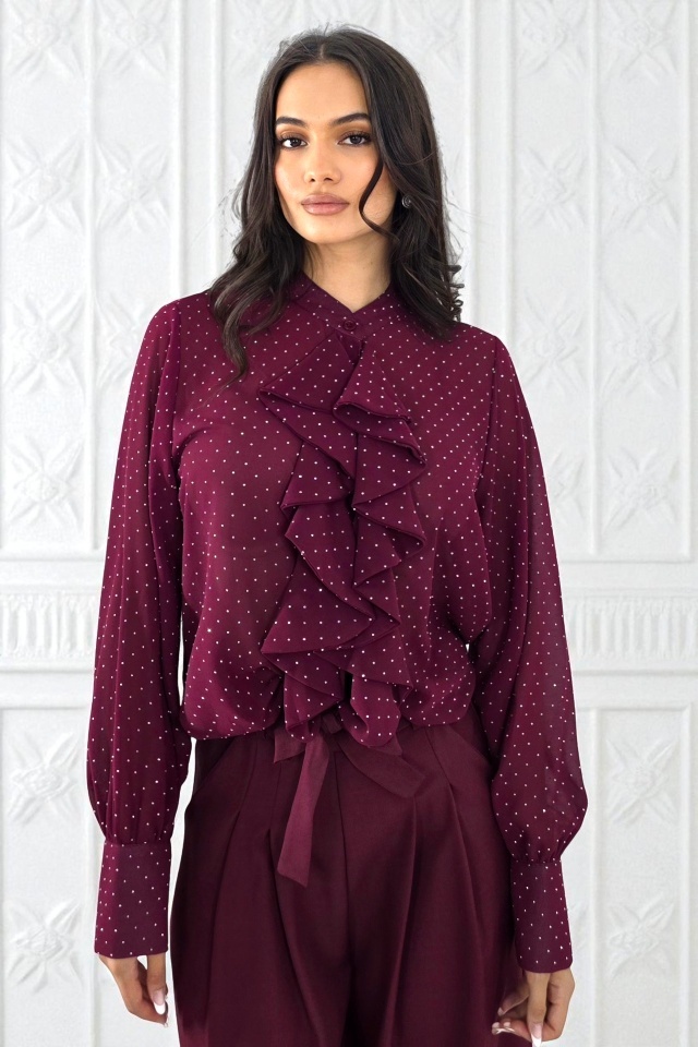 Camasa eleganta de dama Daliah cu volane si buline, Burgundy, Marime S/M