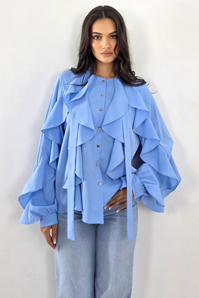 Camasa eleganta Jordany, cu volane multiple si butoni aurii, Baby Blue - 2 | YEO