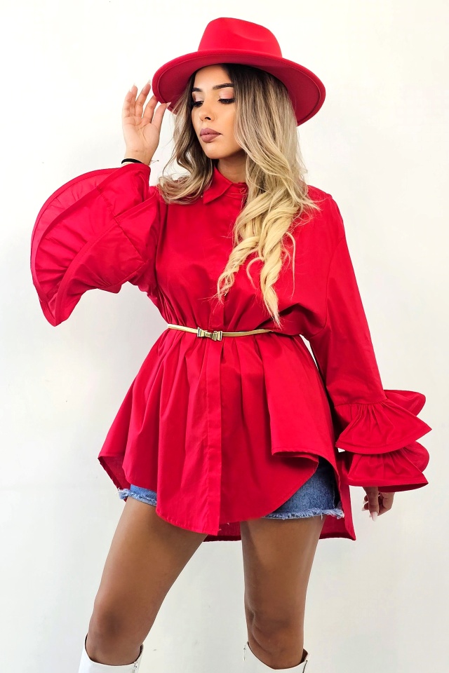 Camasa eleganta Sugar LoLLy, maneci cu volane si croi supradimensionat, Rosu, Marime S/M/L - 2 | YEO