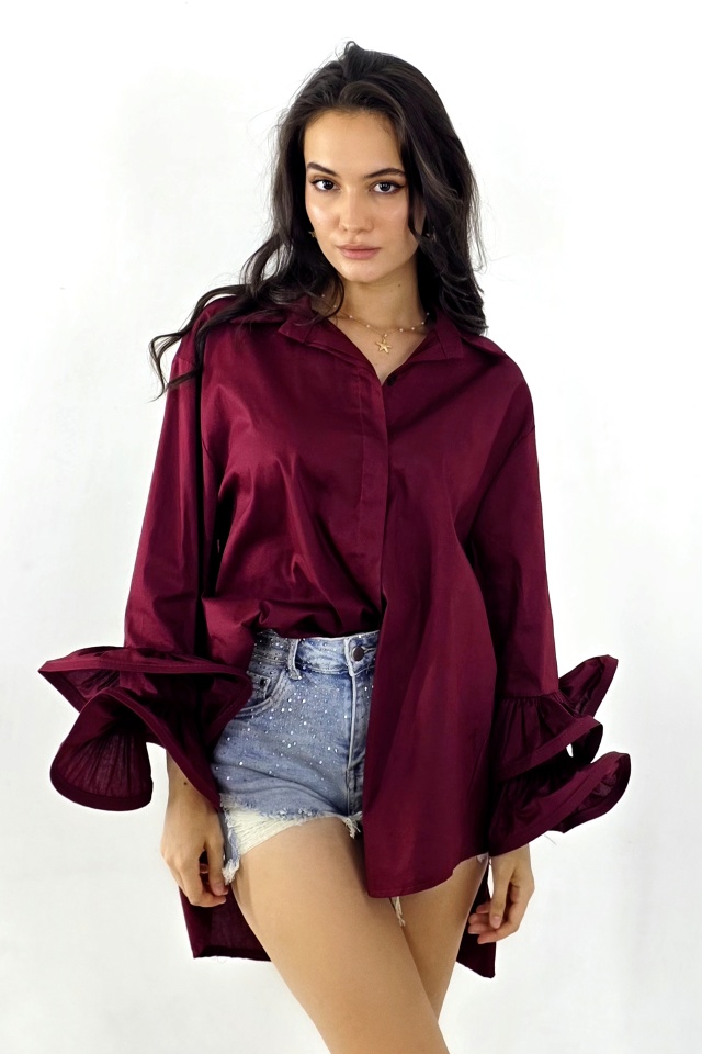 Camasa supradimensionata Sugar LoLLy, lungime asimetrica, cu volane, Bordo, Marime S/M/L - 3 | YEO