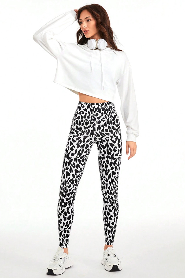 Colanti fitness ToNICK, banda modelatoare in talie si imprimeu animal print, Alb/Negru