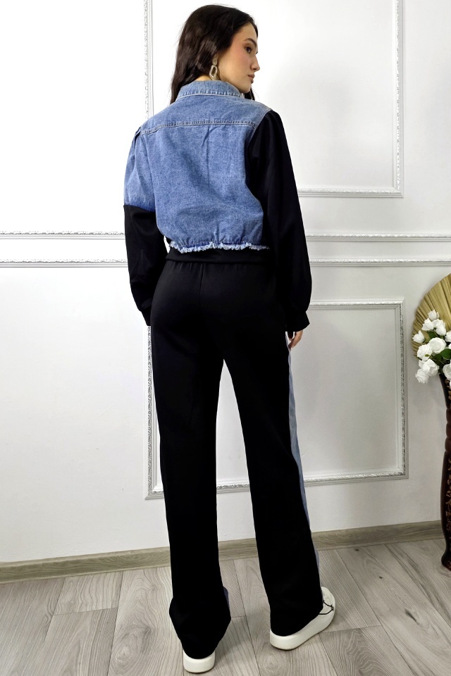 Compleu bumbac si denim Samya, pantaloni si jacheta cu butoni, Negru, Marime S/M - 1 | YEO