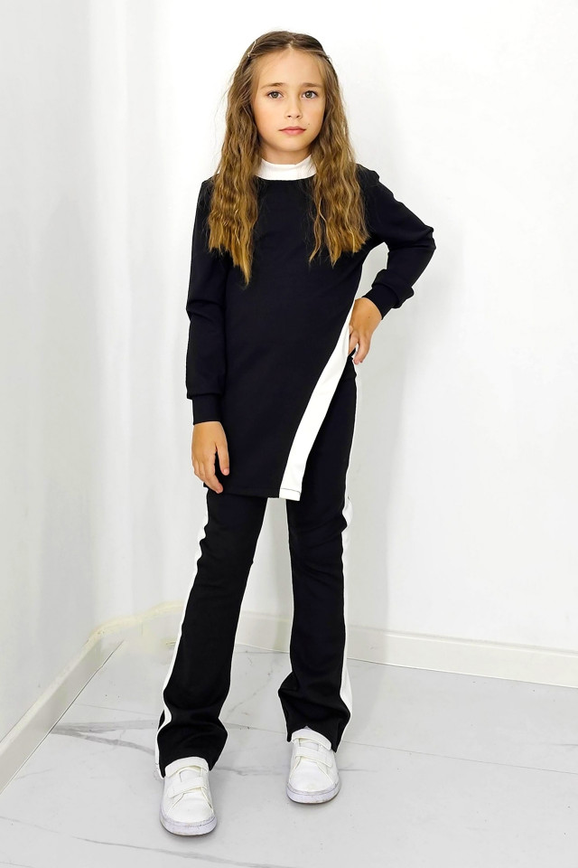 Compleu casual, Agathea Kids, pantaloni tetra evazati si bluza lunga asimetrica, Negru/Alb