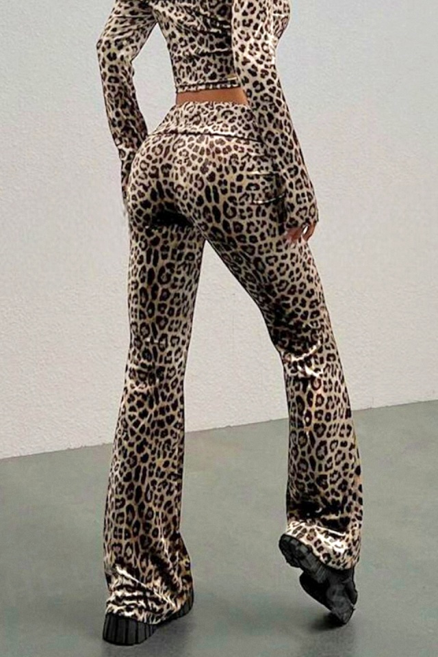 Compleu casual pentru femei MUZA, cu decolteu barcuta si pantaloni evazati, Animal Print Leopard - 1 | YEO