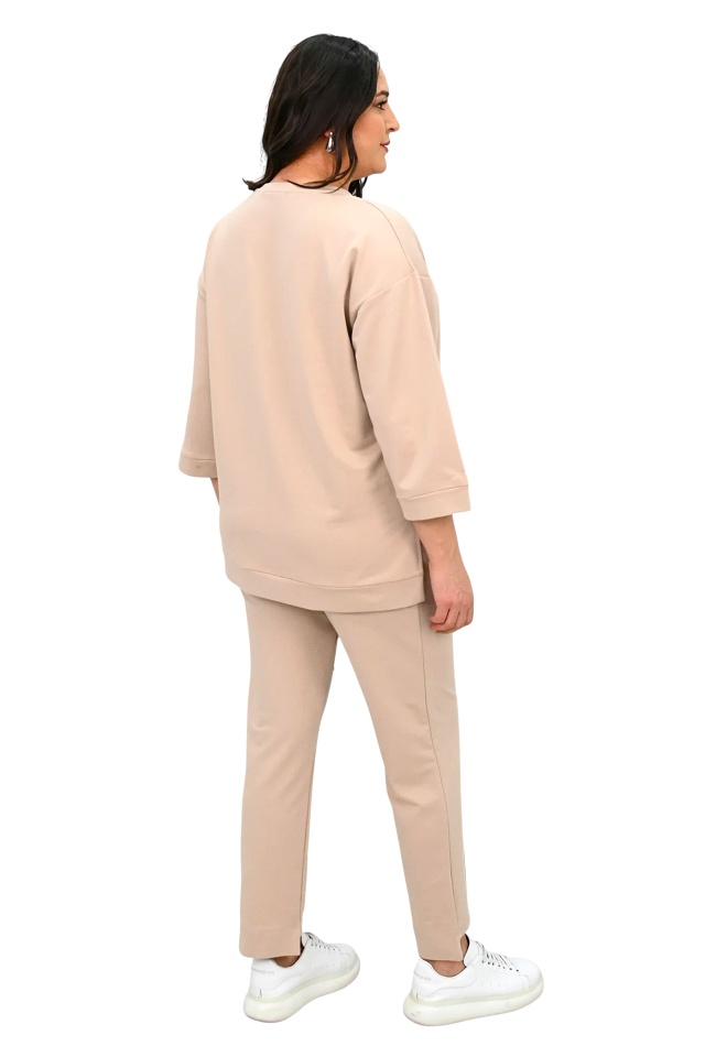 Compleu casual TAYRA, pantaloni asimetrici si bluza cu strasuri, BEJ Nude - 2 | YEO