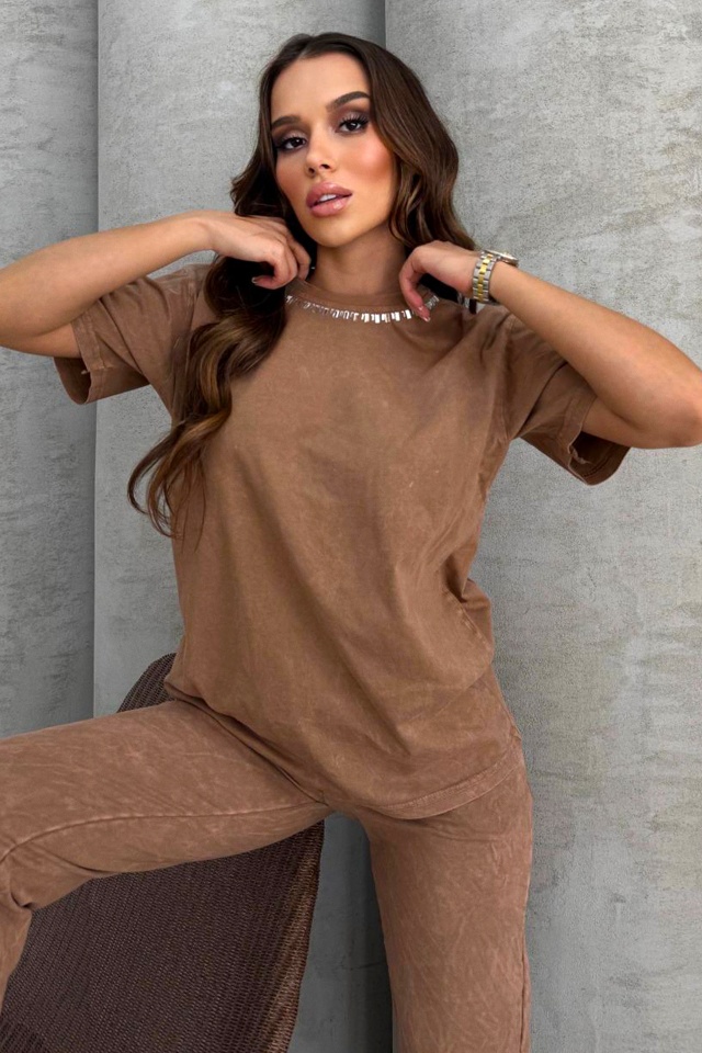 Compleu catifelat RAVEL, cu tricou stilizat si pantaloni cu snur, BEJ - 2 | YEO