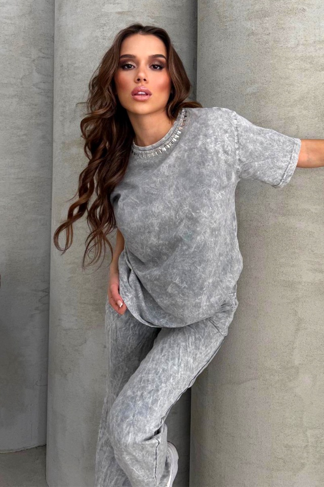 Compleu catifelat RAVEL, cu tricou stilizat si pantaloni cu snur, GRI - 2 | YEO
