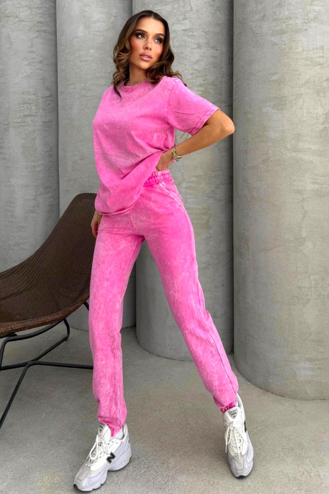 Compleu catifelat ROSSA, tricou cu strasuri si pantaloni cu buzunare, ROZ - 2 | YEO