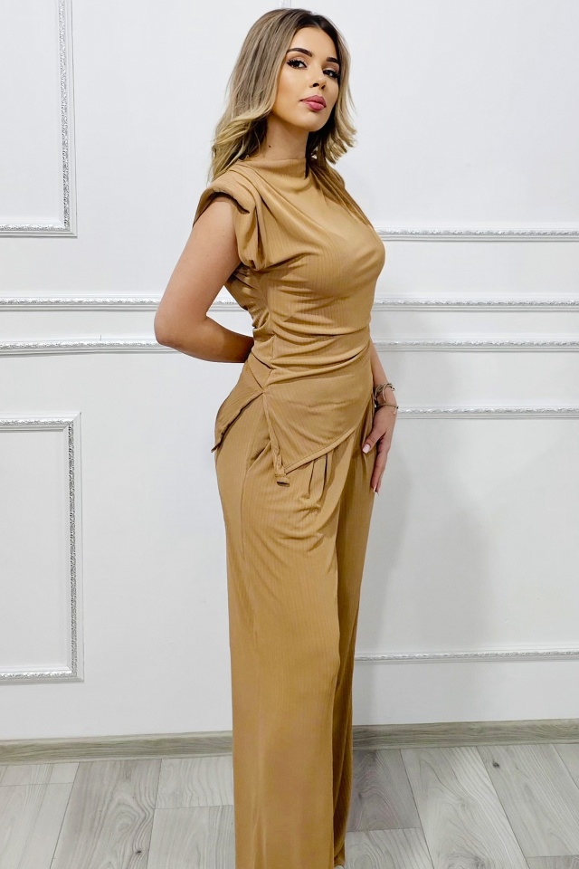 Compleu dama RiseUP, top lung fara maneci si pantaloni cu lungime oversize, BEJ, Marime S/M - 3 | YEO