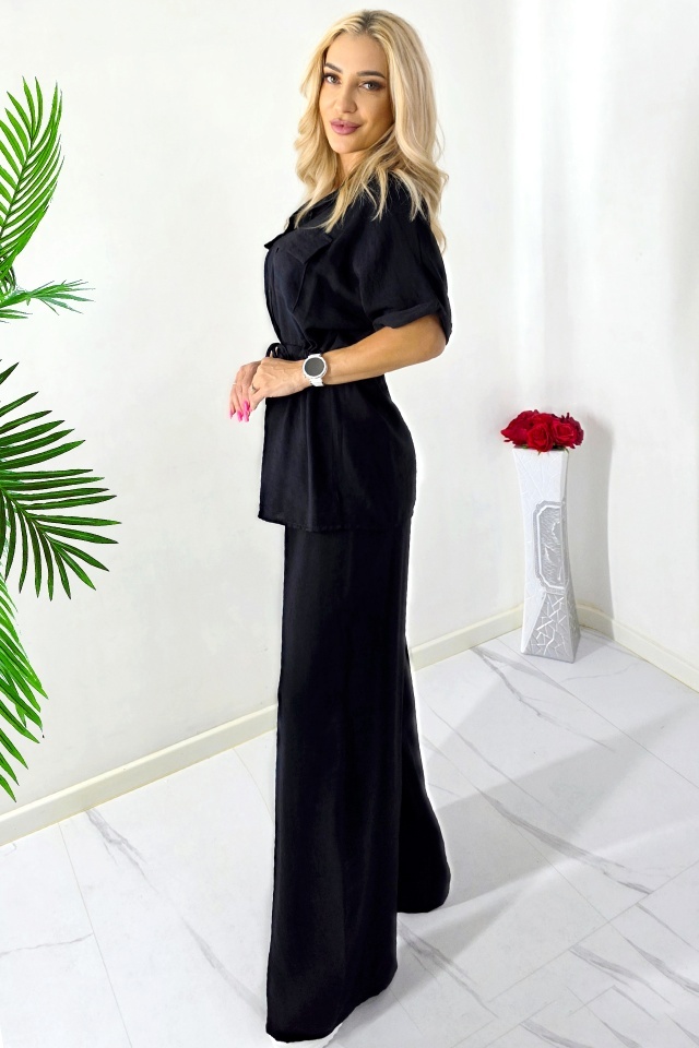 Compleu de dama vaporos LUNIA, cu camasa si pantaloni largi, Negru, Marime S/M - 3 | YEO