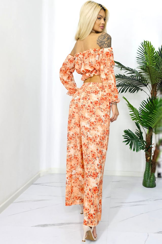 Compleu de vara Bouquet, pantaloni lejeri si camasa cu volane, Portocaliu, Marimea S/M/L - 1 | YEO