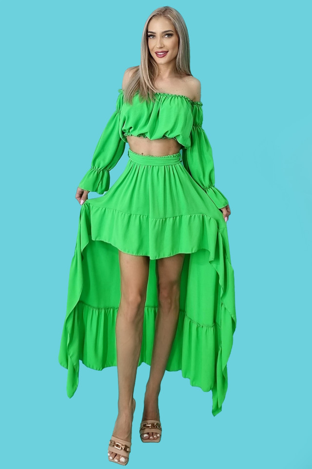 Compleu Edith, fusta si top scurt, Verde, Marime universala S/M