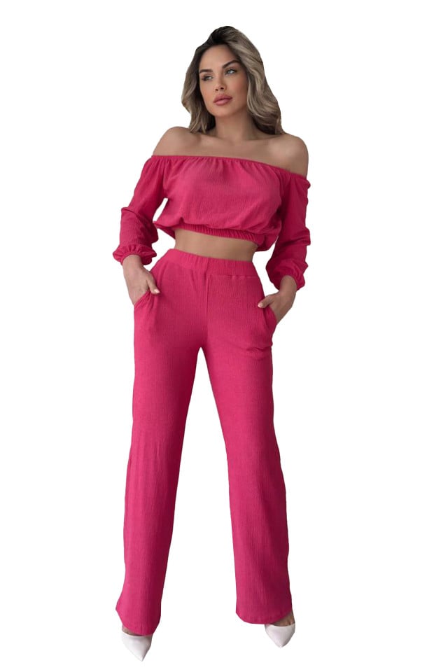 Compleu elegant Alegria, bluza crop cu decolteu elastic pe umeri si pantaloni reiati, evazati, Roz - 3 | YEO