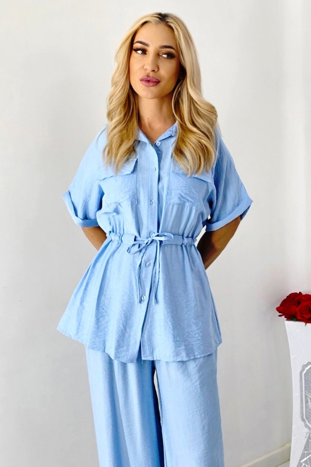 Compleu lejer de vara LUNIA, camasa cambrata si pantaloni largi, Baby Blue, Marime S/M - 2 | YEO