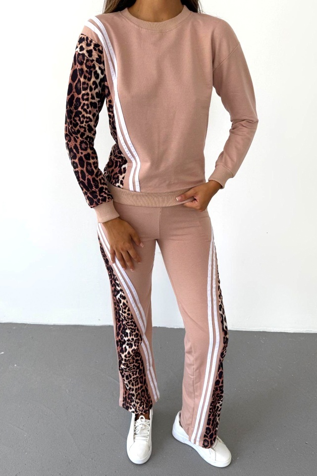 Compleu sport de dama LEONA, cu animal print bicolor, Roz prafuit