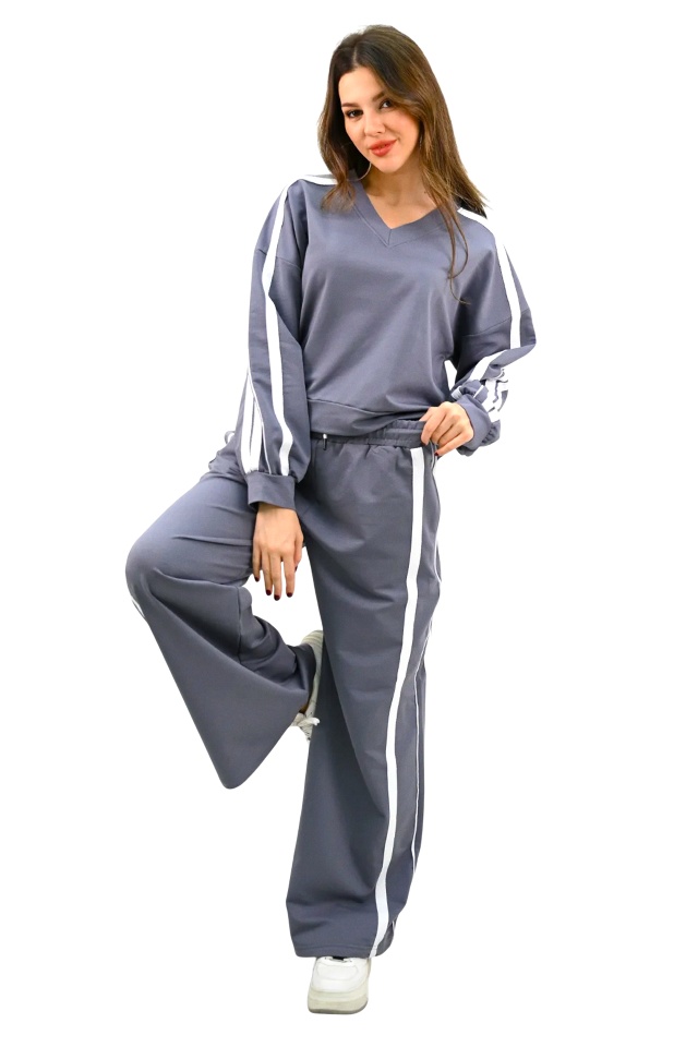 Compleu wide leg JAZEL, bluza cu anchior si imprimeu in dungi, Gri - 3 | YEO