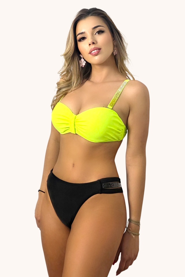 Costum de baie doua piese MONIKA, slip decupat si sutien cu inchidere metalica, Galben/Negru - 2 | YEO