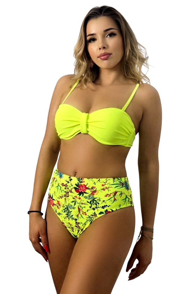 Costum de baie doua piese VELYN, slip talie inalta si sutien cu push up, Galben Neon - 2 | YEO