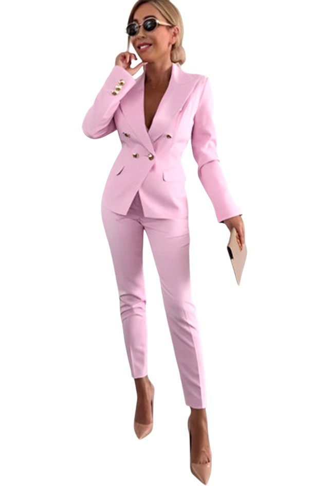 Costum elegant office Paolina, sacou, butoni aurii si pantaloni conici, Roz